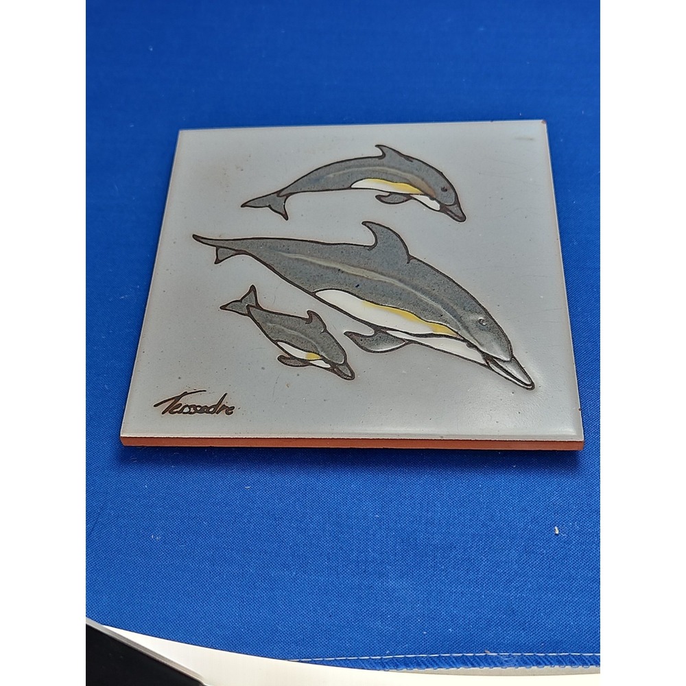 Cleo Teissedre Art Tile Trivet Coaster ORCA WHALE DOLPHINS 1983 Wall Plaque 6x6 - Picture 6 of 11